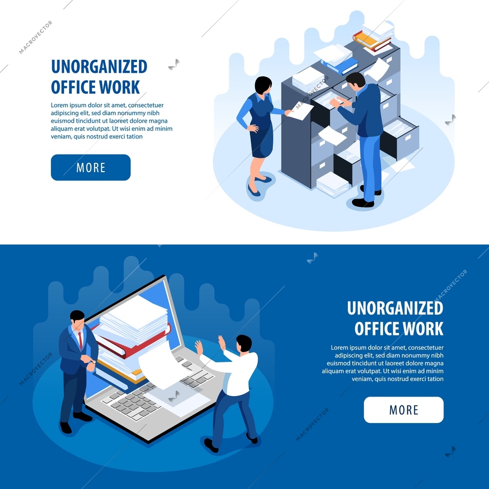 Disorganized office space productivity problems 2 isometric horizontal banners with unorganized workplaces messy paper piles vector illustration