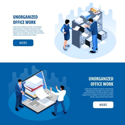 Disorganized office space productivity problems 2 isometric horizontal banners with unorganized workplaces messy paper piles vector illustration