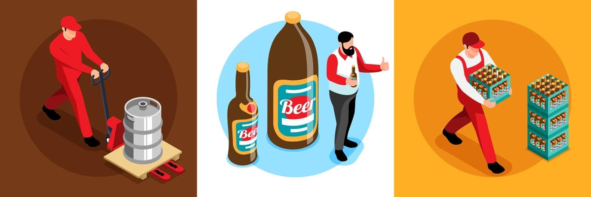 Brewery production consumption concept 3 isometric compositions workers moving growlers bottles crates man drinking beer vector illustration