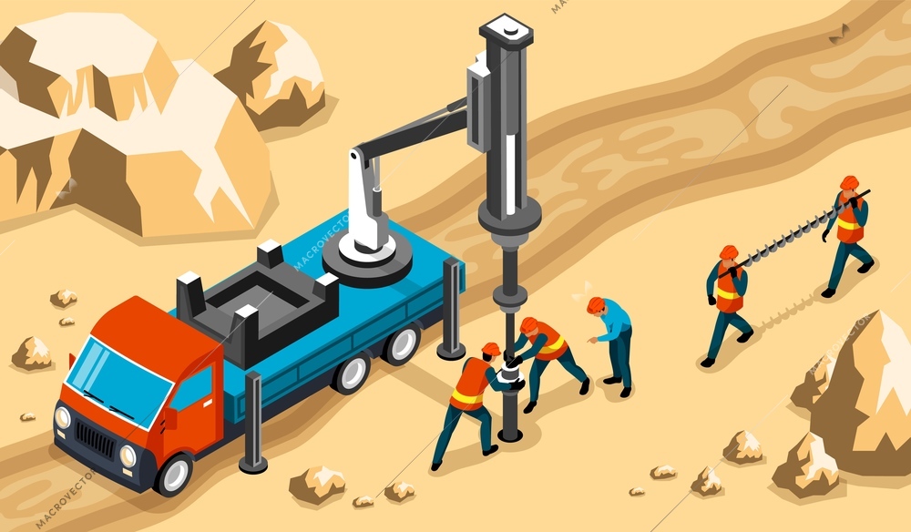 Drilling workers engineers operating truck mounted rig heavy machinery to drill into rock isometric composition vector illustration