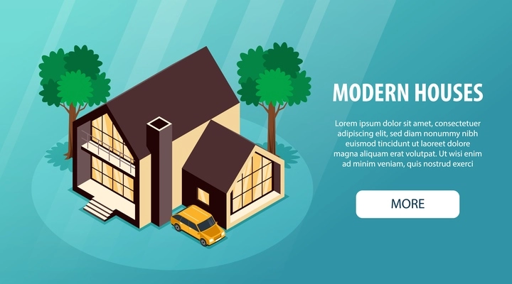 Modern suburb area houses isometric landing page with contemporary family cottage trees car background banner vector illustration