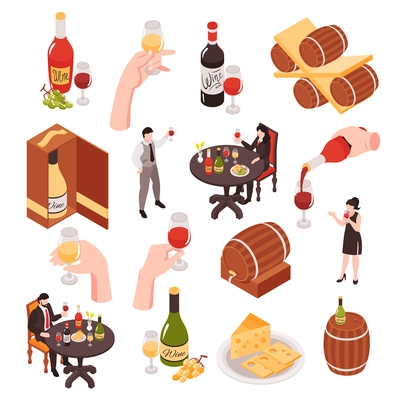 Wine cellar tasting isometric set visitors sommelier pouring white red rose wineglasses bottles oak barrels vector illustration