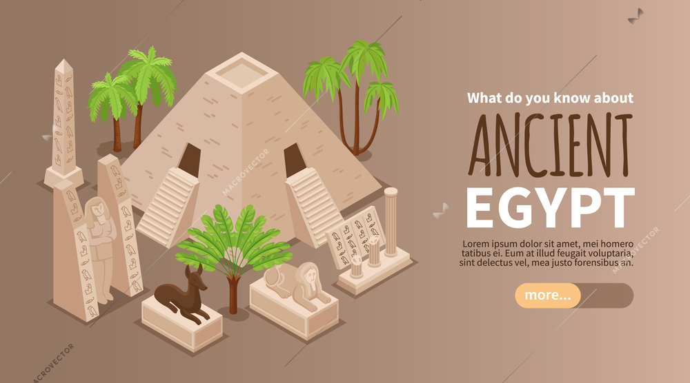 Ancient egypt isometric horizontal background web banner with great sphinx statue pyramid famous monuments palms vector illustration