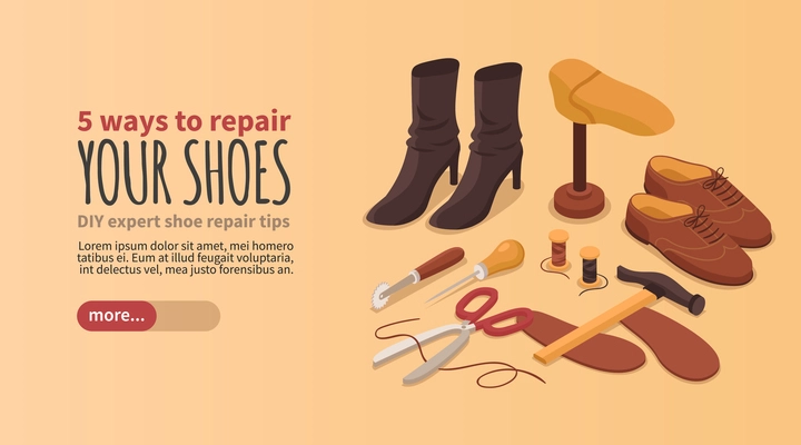Shoe repair boutique tips info online service horizontal web page banner with classic shoemaker accessories vector illustration