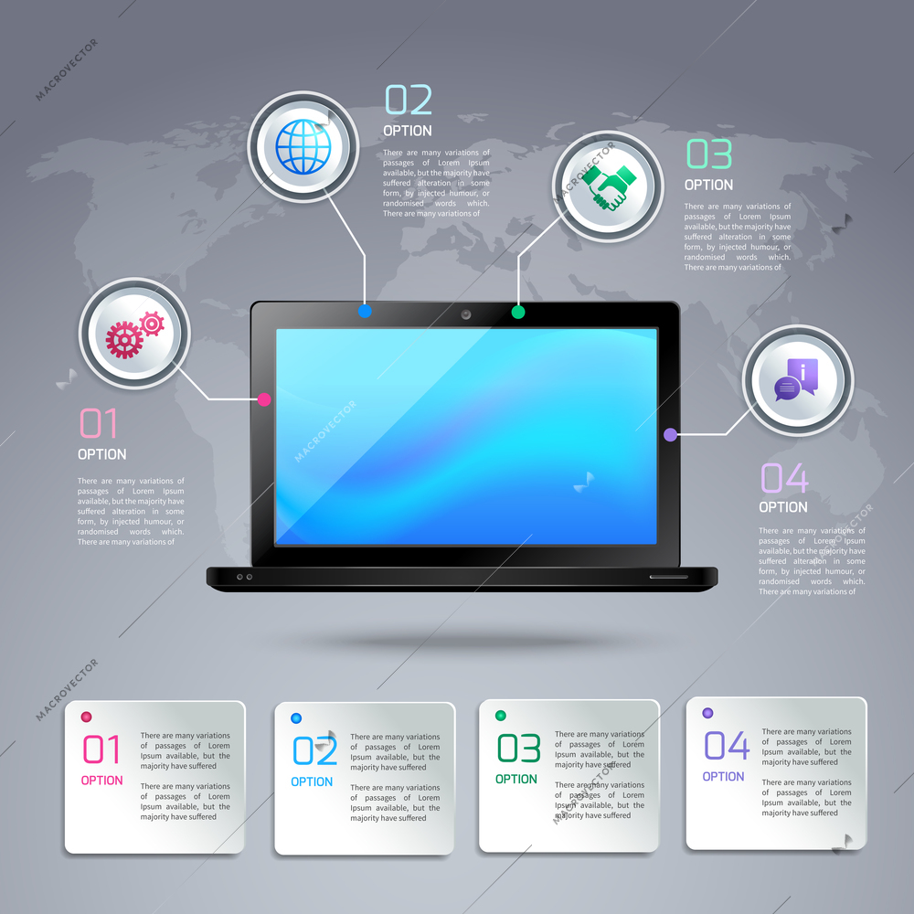 Laptop 3d infographic template with business elements and world map on background vector illustration