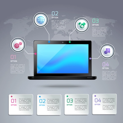 Laptop 3d infographic template with business elements and world map on background vector illustration