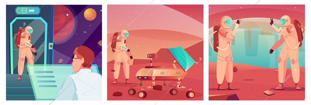 Space tecnhology set of square compositions with extraterrestrial landscapes rover with astronauts and mission controller characters vector illustration