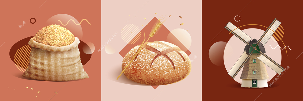 Realistic bread design concept with square compositions of wheat sacks mill and loafs of circle bread vector illustration