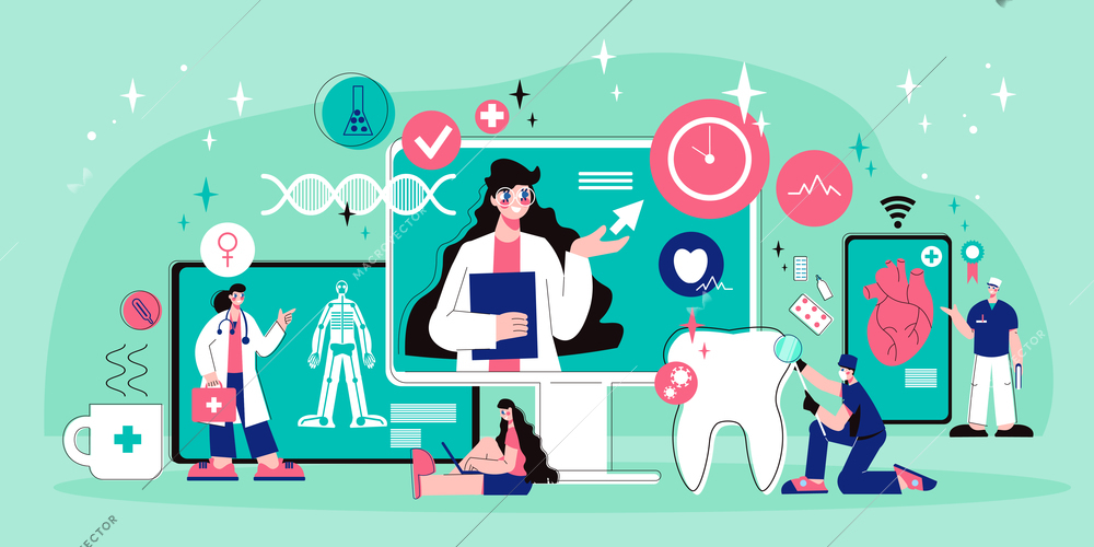 Online medicine telemedicine composition with doodle human characters of medical specialists with pictograms and electronic gadgets vector illustration