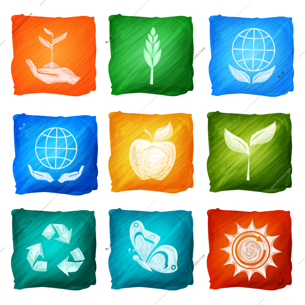 Ecology environmental renewable energy icons watercolor set isolated vector illustration