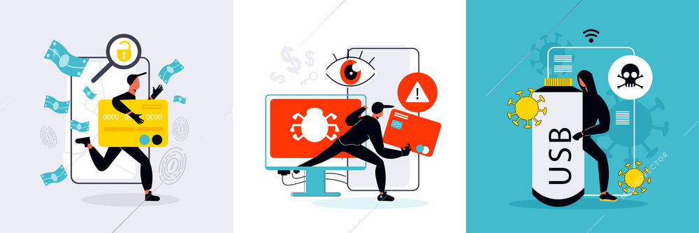 Flat design concept with hacker hacked computer usb credit card isolated vector illustration