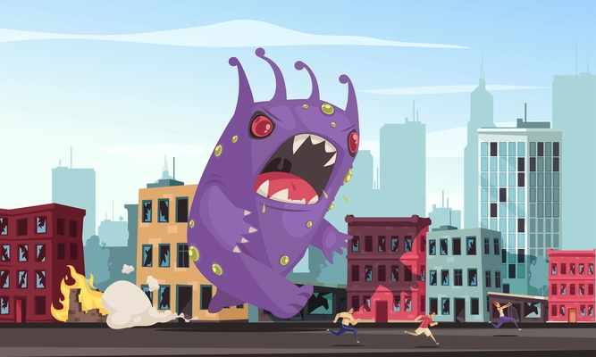 Purple monster attacking city cartoon vector illustration