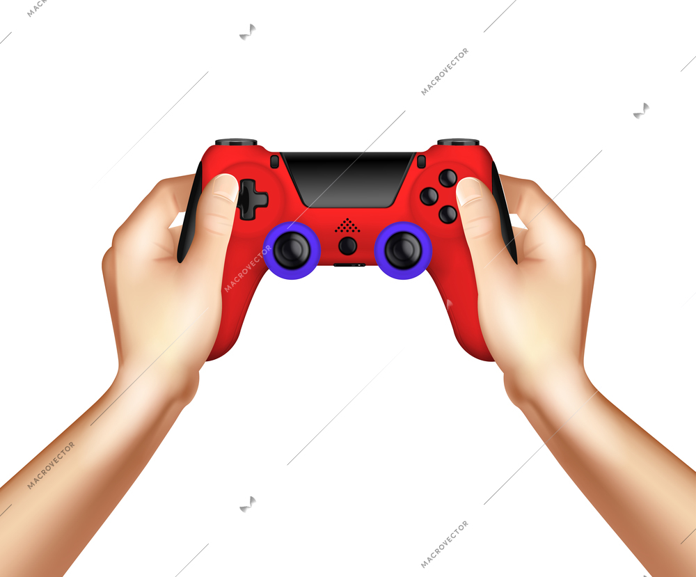 Video game realistic design concept with wireless gamepad controller in human hands on white background vector illustration