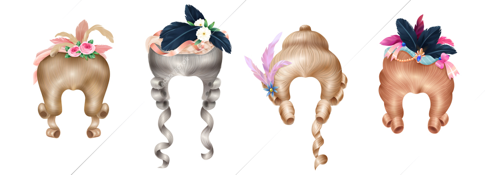 Rococo women fashion 18th century wigs styled with colorful flowers feathers vintage realistic background set vector illustration