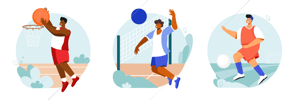 Sports stadium set of round compositions with outdoor views and flat characters of players with balls vector illustration