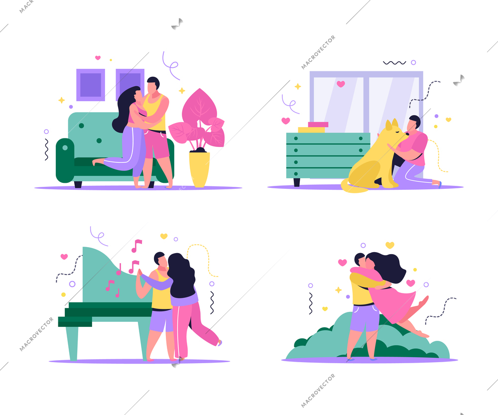 Hug day set of four isolated compositions with flat images characters of lovers in various environments vector illustration