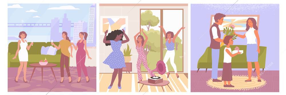 Womens day flat compositions set with ladies drinking champagne dancing and family congratulating mum isolated vector illustration