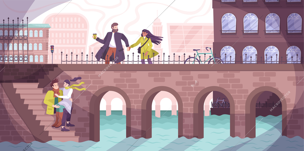 Romantic couple city flat composition with walking couples in love on the pavement vector illustration