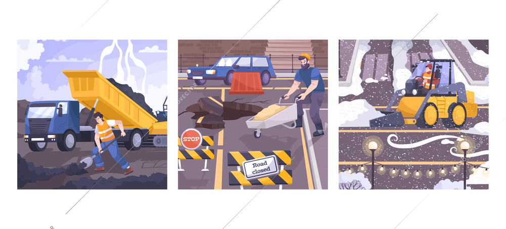 Three squares road repair illustration flat icon set with machine for cleaning snow for transporting asphalt chips and the workers vector illustration