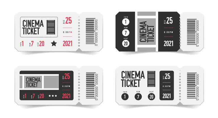 Realistic empty ticket cinema set with isolated images of coupons with printed barcode and seat number vector illustration