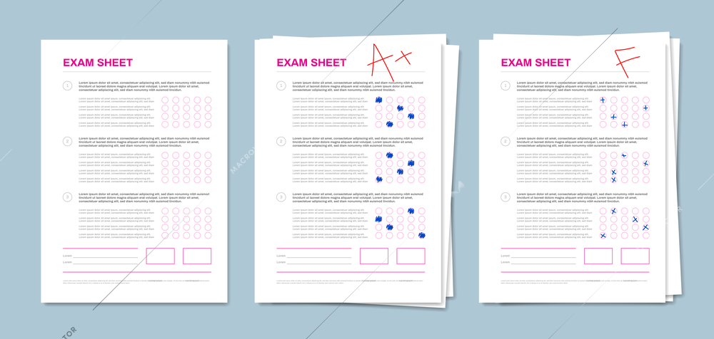 Exam sheets template 3 realistic test pages piles with multiple choice answers samples blue background vector illustration