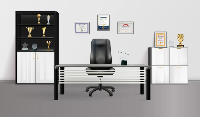 Office interior realistic background with desk armchair winners cups on cabinet shelves vector illustration