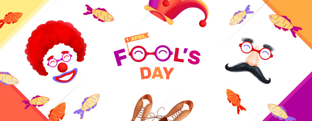 Fools day 1 april realistic composition with icons of festive masks joker hat fishes and text vector illustration