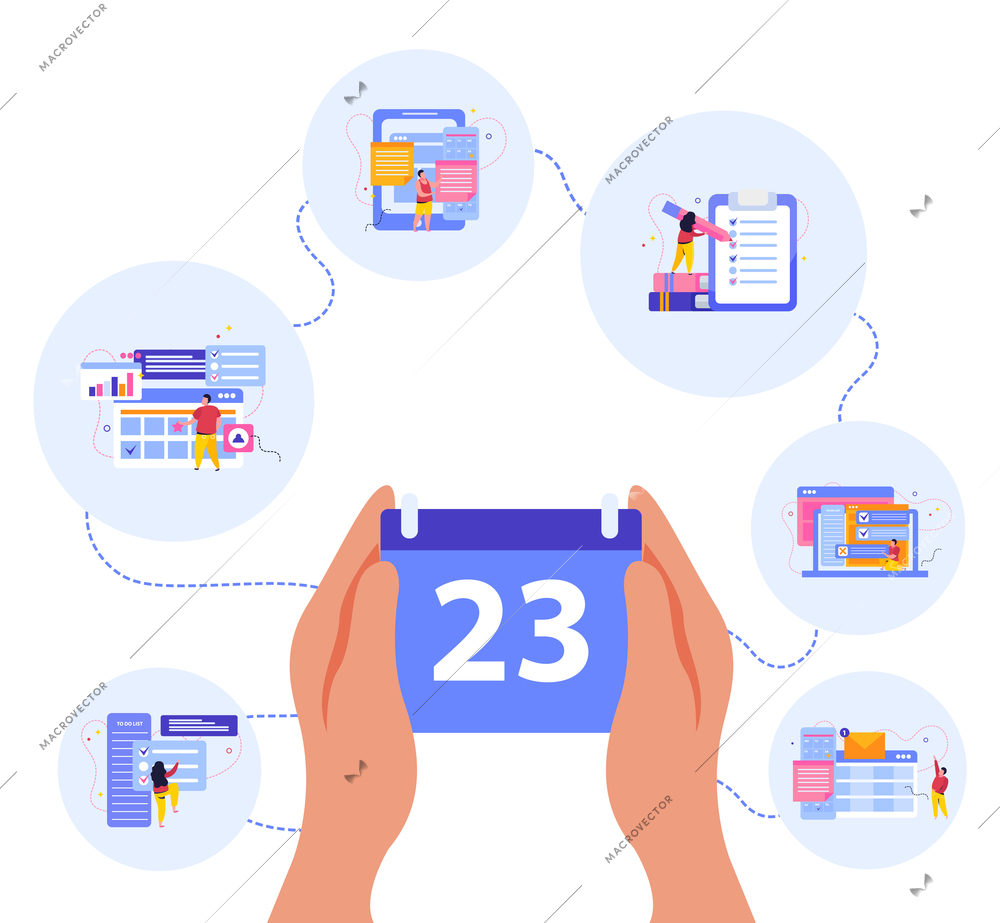 Planning and scheduling flat background with round compositions of people gadgets and human hands holding calendar vector illustration