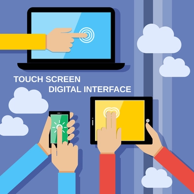 Human hands set holding touching mobile phones screens computer and communication gadgets vector illustration