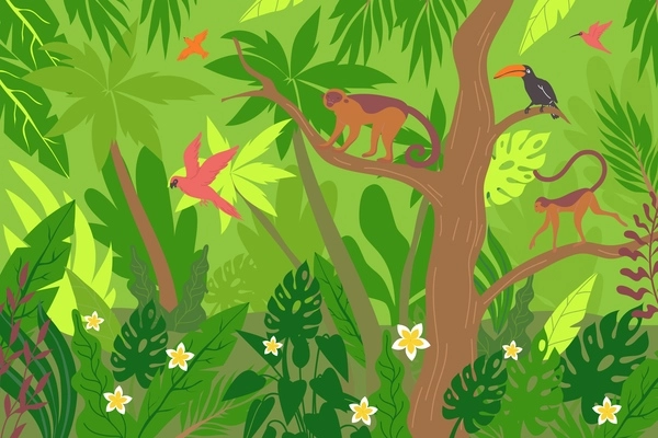 Wildlife tropic flat composition with rainforest scenery and exotic plants with birds and animals on trees vector illustration