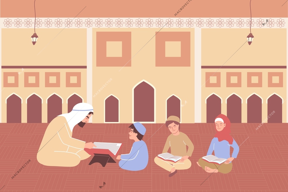 Koran kid learn flat composition with indoor view of muslim temple with imam book and children vector illustration