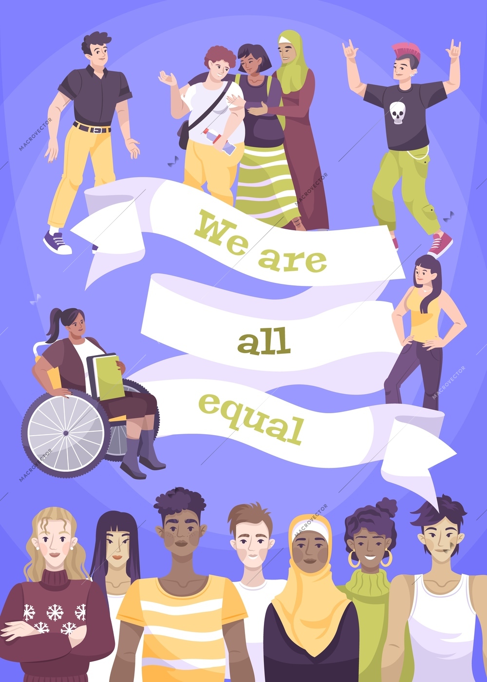 World day social justice flat card with we are all equal big ribbon vector illustration