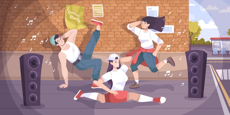 Dancer street flat composition with backstreet scenery and group of young breakbeat dancers with tall loudspeakers vector illustration
