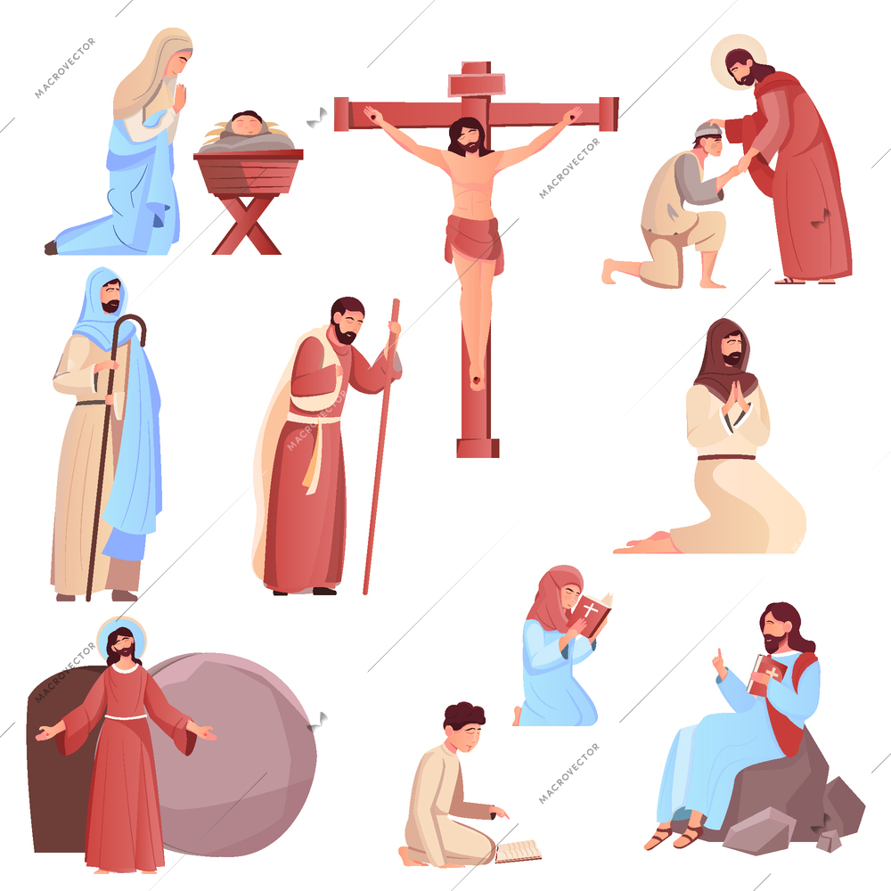 Flat design easter icons set with jesus christ and human characters isolated on white background vector illustration