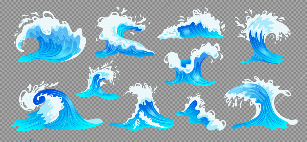 Blue ocean water waves with foam of different size and shape on transparent background isolated vector illustration