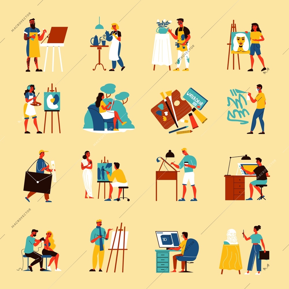 Artist set of isolated icons with human characters of creative workers painters and illustrators with equipment vector illustration