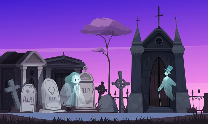 Two ghosts in old fashioned clothing walking along old cemetery at night cartoon vector illustration