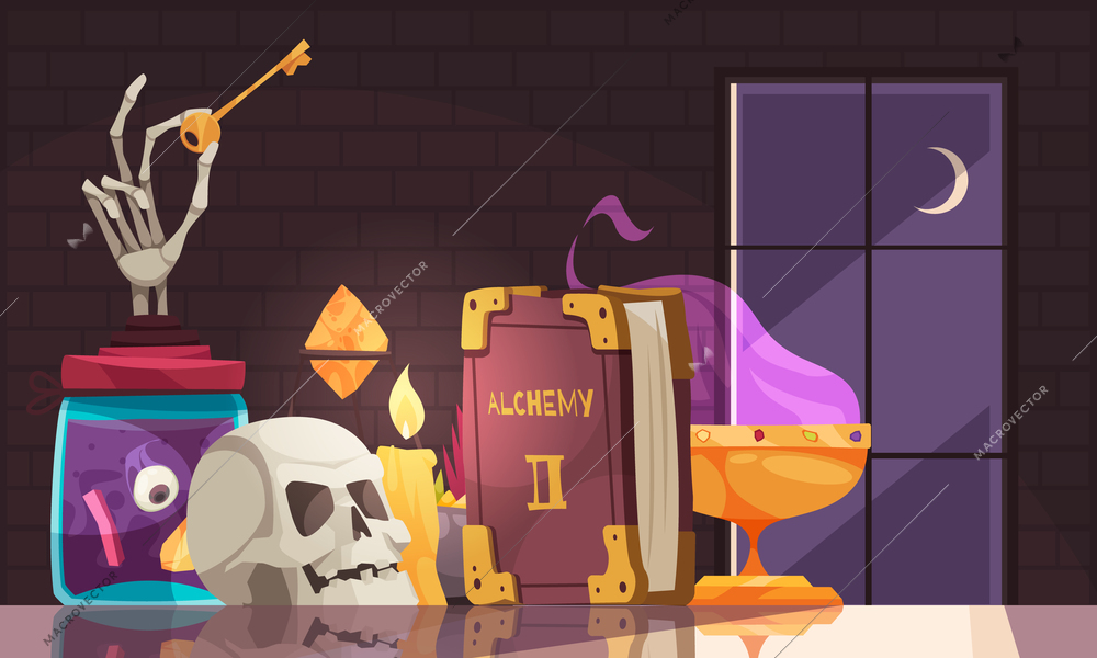 Cartoon alchemy book skull candle and other tools for alchemical experiments on mirror surface table vector illustration