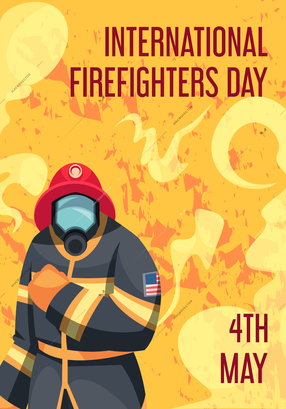 International firefighters day 4th may cartoon card with character of fireman wearing uniform helmet respirator vector illustration