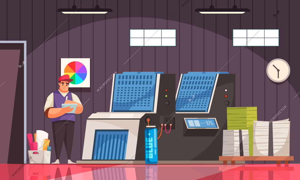 Polygraphy equipment printer printed paper stacks and worker in uniform cartoon vector illustration