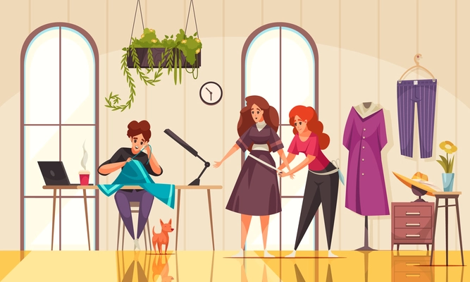 Friendly seamstresses measuring woman for clothes and sewing in modern atelier cartoon vector illustration