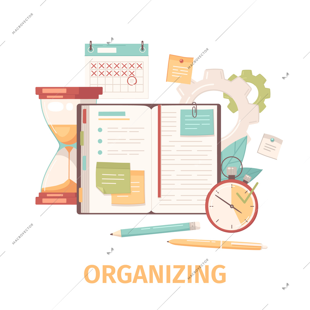 Personal growth self development composition with text and icons of gear with pencil calendar and notepad vector illustration