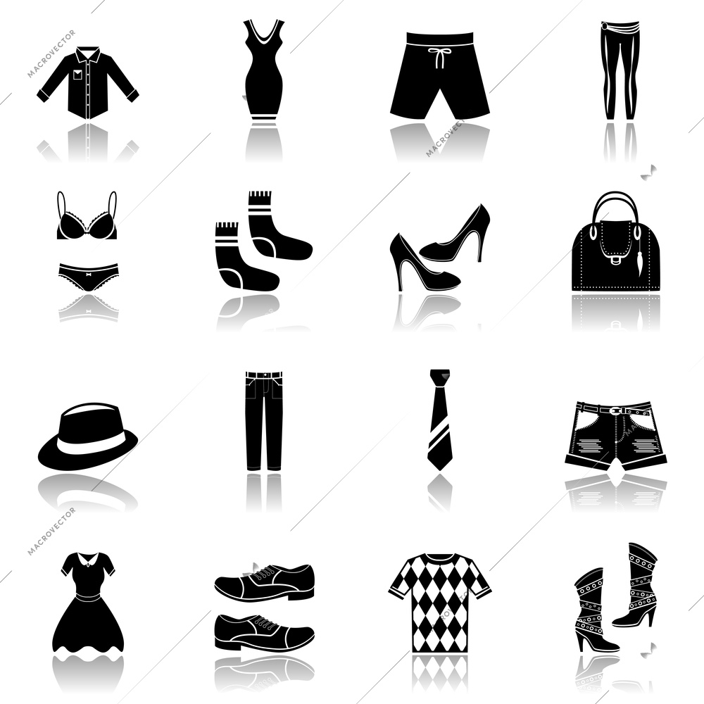Male and female fashion clothes underwear and accessory black icons set vector illustration