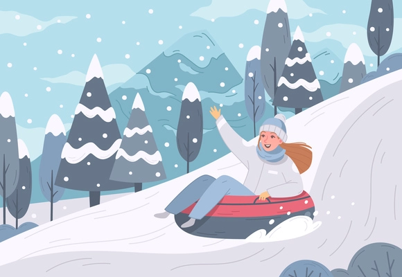 Winter sports leisure activity cartoon composition with female character sliding down a slide on inflatable ring vector illustration