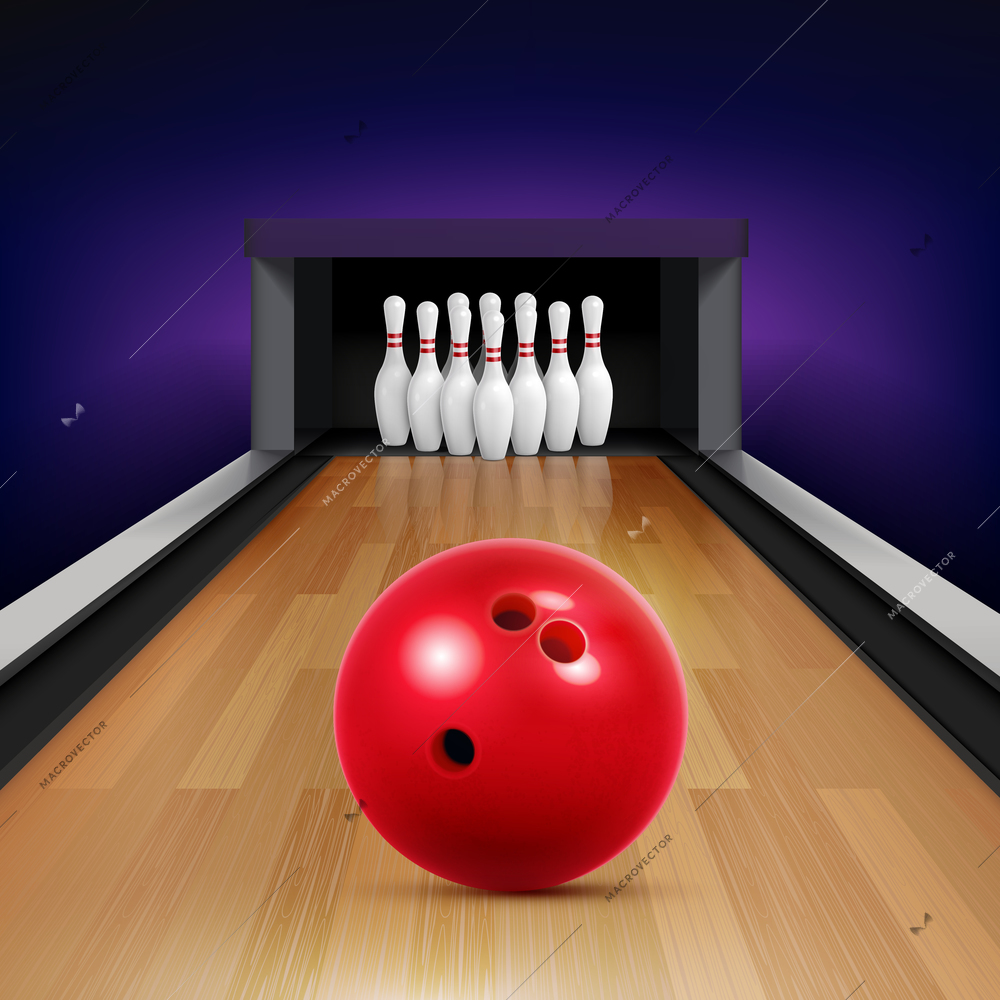 Bowling realistic advertising square composition with view of track with red ball and standing pins range vector illustration