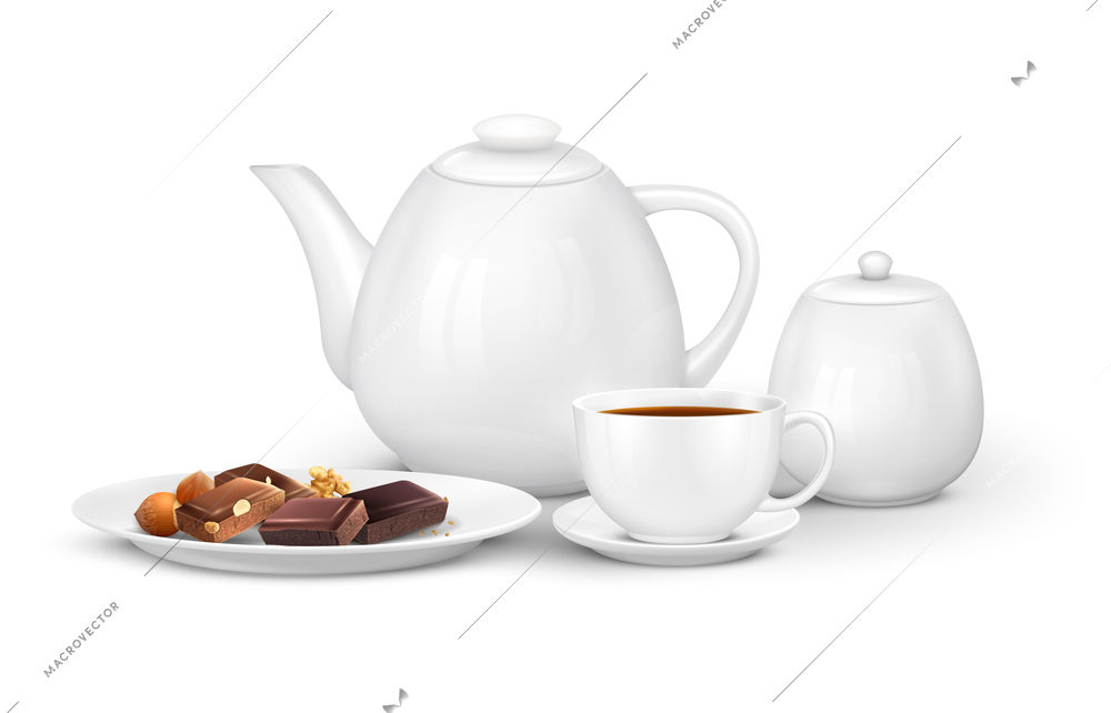 Tea coffee realistic composition with front view of set with teapot cups and chocolate on plate vector illustration