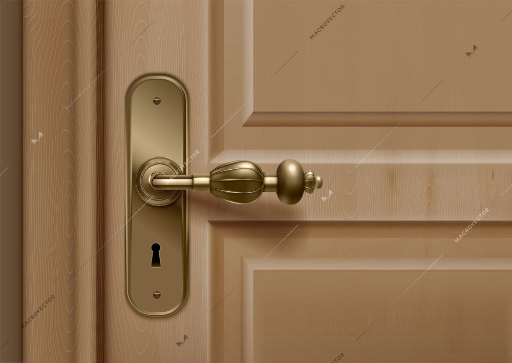 Door knobs handles realistic composition with closeup view of door with ornate handle and key hole vector illustration