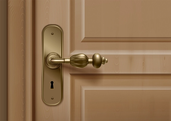 Door knobs handles realistic composition with closeup view of door with ornate handle and key hole vector illustration