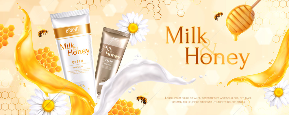 Honey cosmetics advertising composition with text and realistic images of cream tubes with comb and flowers vector illustration