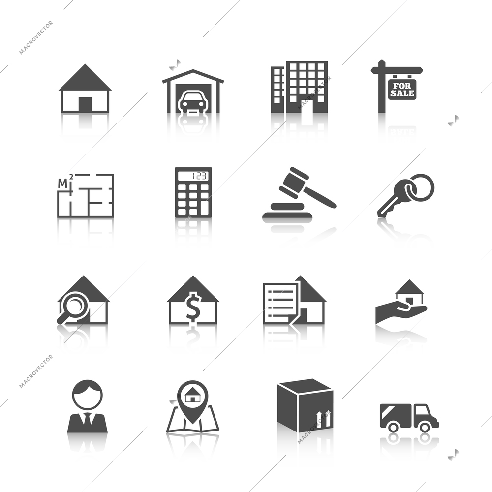 Real estate black icons set of house plan apartment valuation and choosing isolated vector illustration